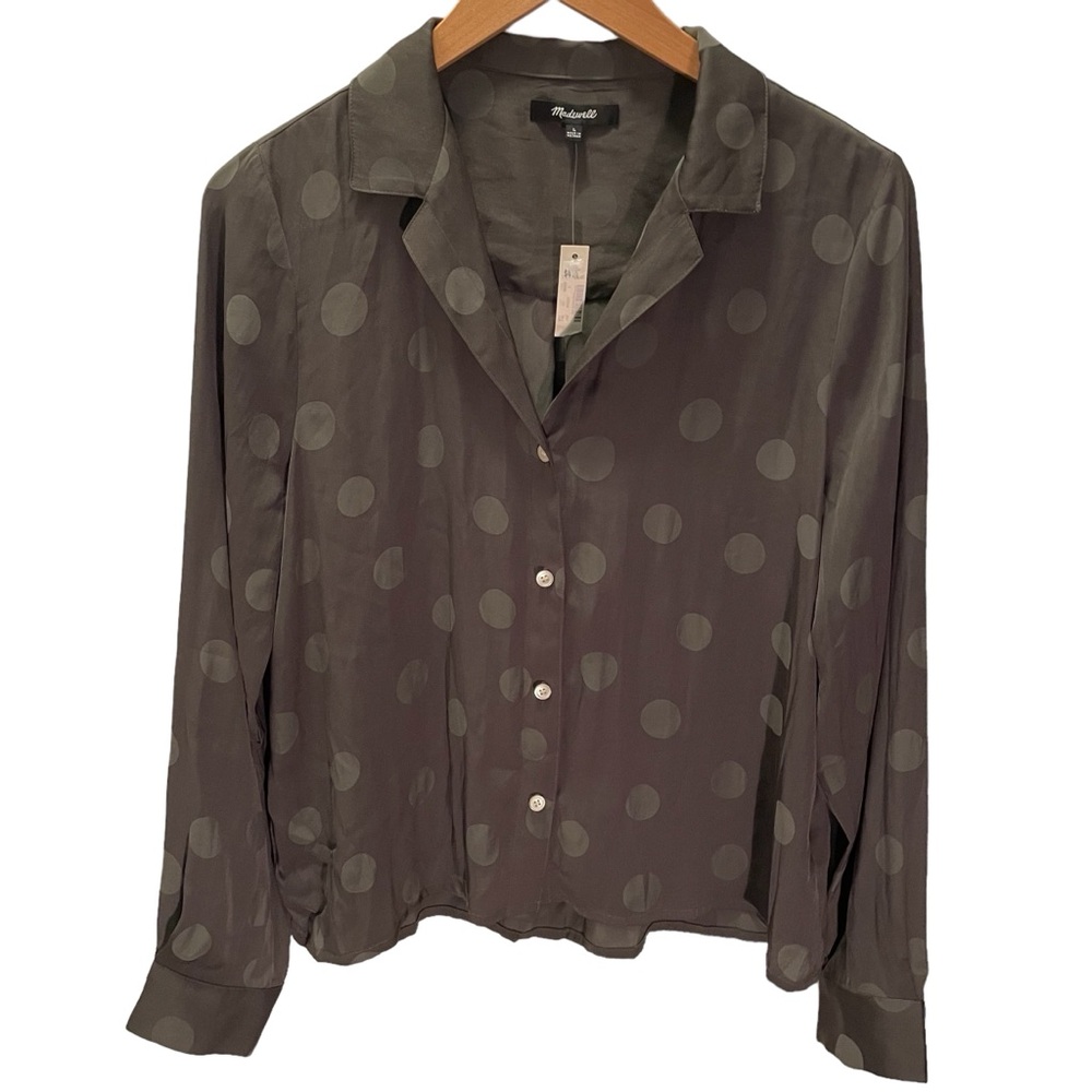 Madewell Jacquard Dot Button Up Shirt Top Olive Green size L